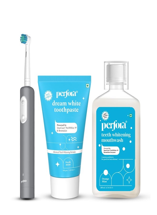 بيرفورا مجموعة بيرفورا لتبييض الأسنان | فرشاة أسنان متذبذبة ليميتليس جراي، معجون أسنان دريم وايت 150 جم، غسول فم لتبييض الأسنان 200 مل | تركيبة آمنة على مينا الأسنان وخالية من الحساسية للعناية بالفم وإزالة بقع الأسنان | عبوة من 3 قطع - Image 1